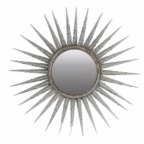 Accent Wall Mirror | Distressed Finish Metal Frame | Artistic Sun Design