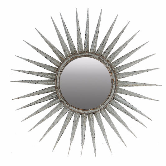 Accent Wall Mirror | Distressed Finish Metal Frame | Artistic Sun Design
