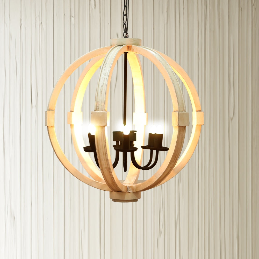 26 Inch 6 Light Vintage Orb Chandelier Mango Wood Frame Distressed White By Casagear Home ABH-36407