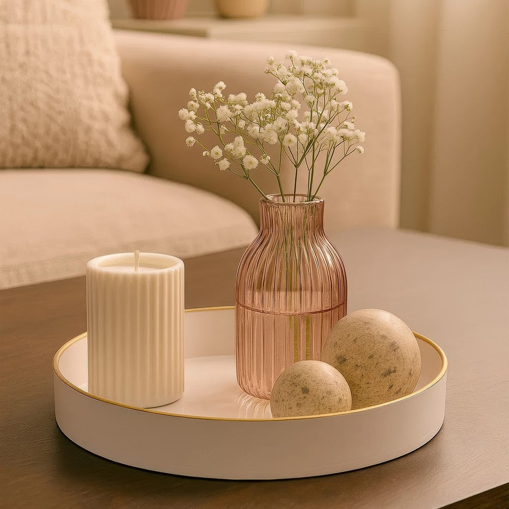 Mimosa Plastic Round Tray, Gold Accented Trims, Glossy White By The Urban Port