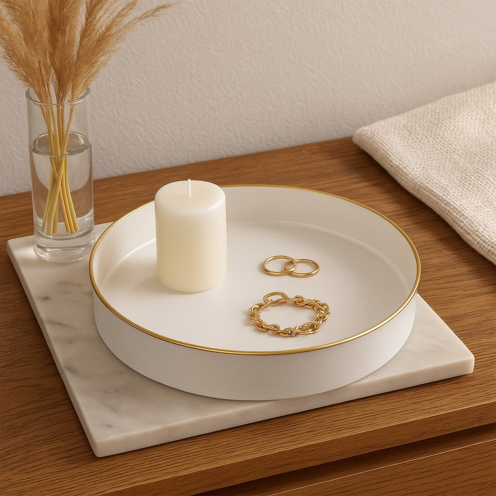 Mimosa Plastic Round Tray Gold Accented Trims Glossy White By The Urban Port ABH-42537-WHIT
