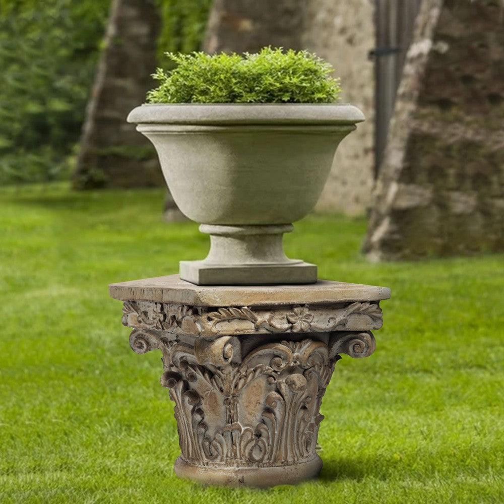 Accent Pedestal Table, 10 Inch Top, Weathered Brown Resin, Ornate Base By The Urban Port