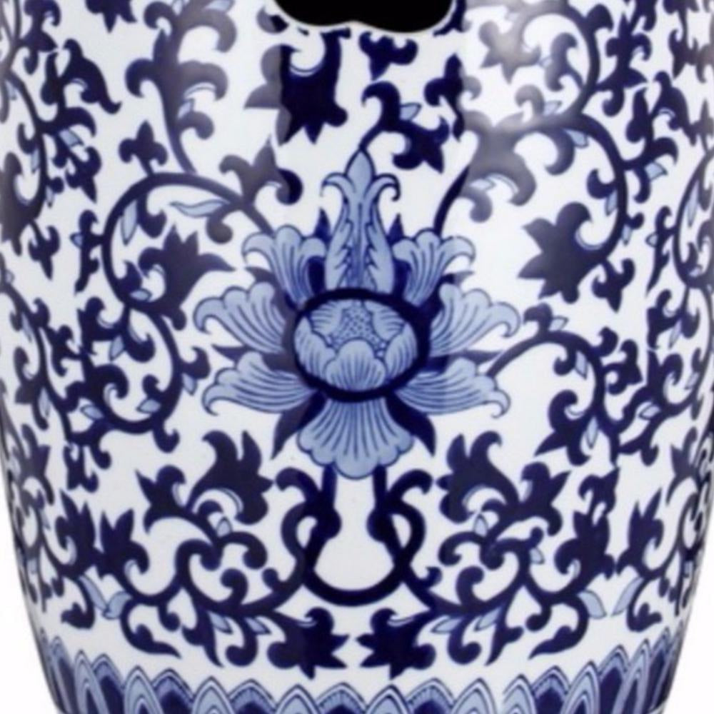 11 Inch Garden Stool Ceramic Drum Shape Blue White Floral Pattern ABH-D69818