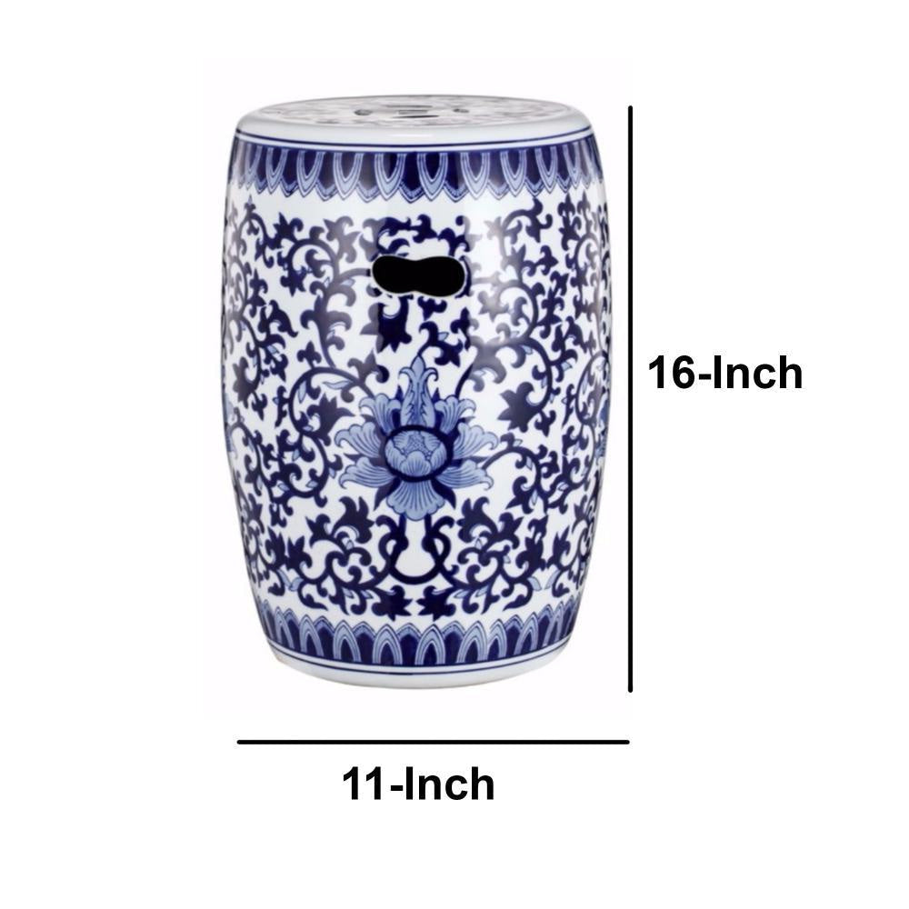11 Inch Garden Stool Ceramic Drum Shape Blue White Floral Pattern ABH-D69818