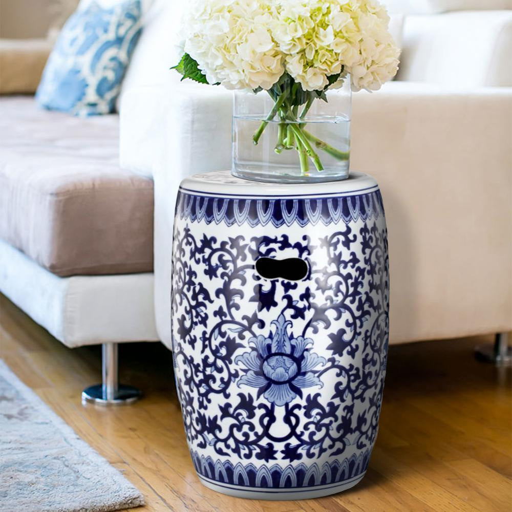 11 Inch Garden Stool Ceramic Drum Shape Blue White Floral Pattern ABH-D69818