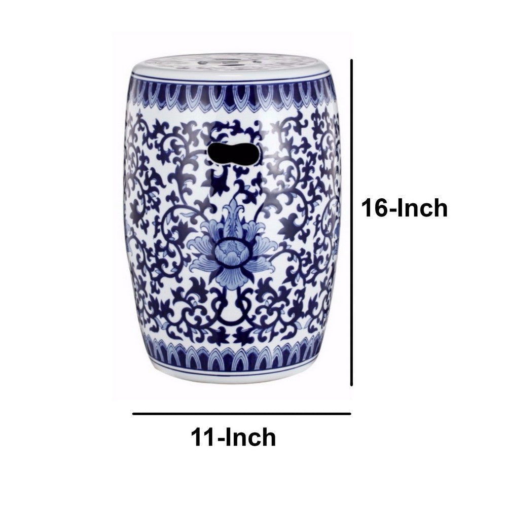 11 Inch Garden Stool Ceramic Drum Shape Blue White Floral Pattern ABH-D69818