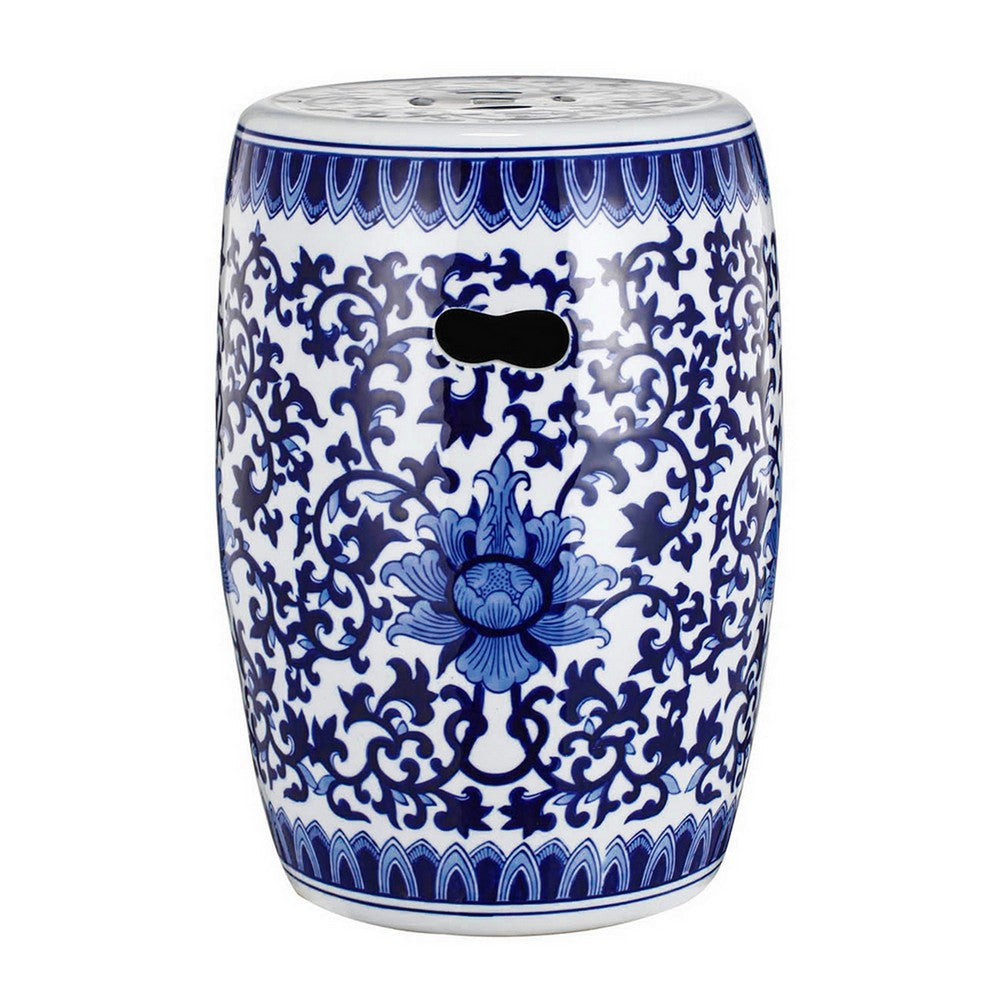 11 Inch Garden Stool Ceramic Drum Shape Blue White Floral Pattern ABH-D69818