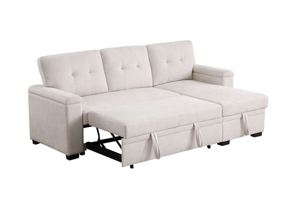 Lusy 85 Inch Reversible Sleeper Sectional Sofa with Storage Chaise Beige By Casagear Home BM317376