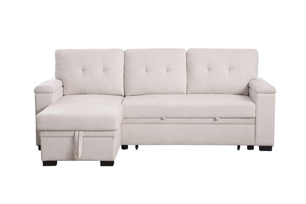Lusy 85 Inch Reversible Sleeper Sectional Sofa with Storage Chaise Beige By Casagear Home BM317376