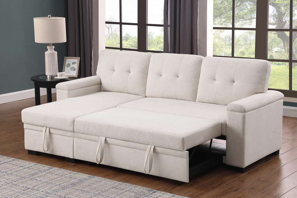 Lusy 85 Inch Reversible Sleeper Sectional Sofa with Storage Chaise Beige By Casagear Home BM317376