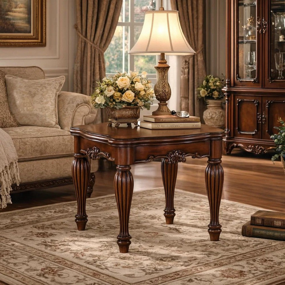 End Table | Carved Details | Cherry Brown Wood