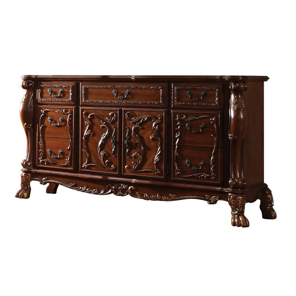 Wide Dresser 7 Drawers w Antique Handles Floral Carvings Brown AMF-12145
