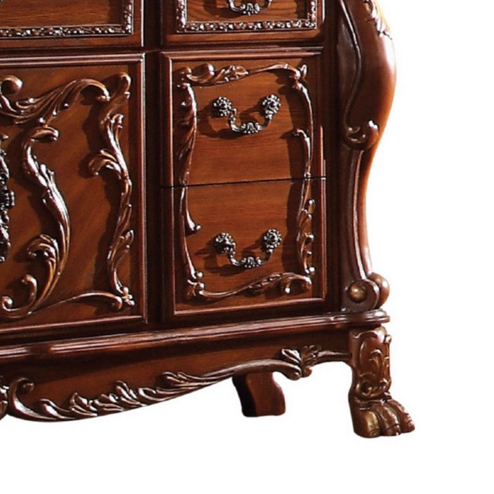 Wide Dresser 7 Drawers w Antique Handles Floral Carvings Brown AMF-12145