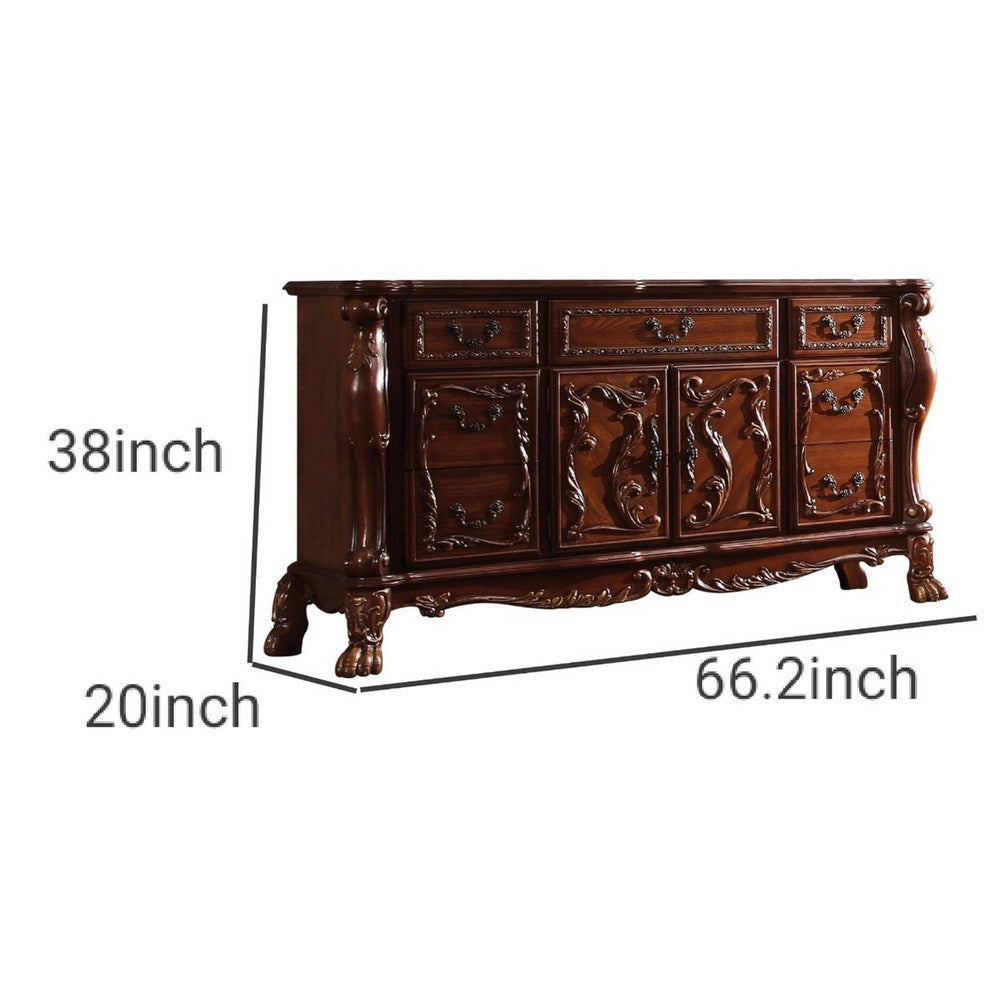 Wide Dresser 7 Drawers w Antique Handles Floral Carvings Brown AMF-12145