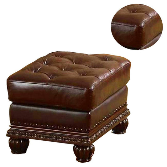 Faux Leather Upholstered Ottoman with Nail head Trim Detail, Espresso Brown