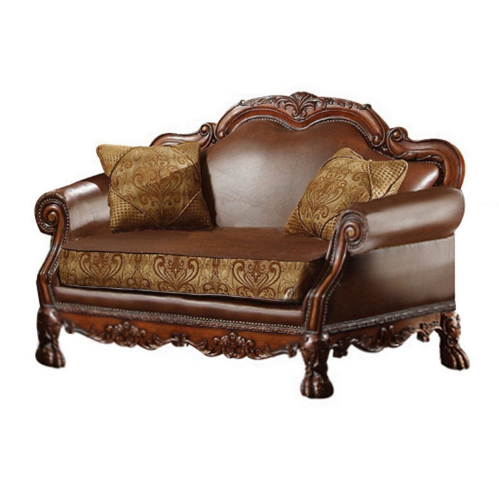Leather Upholstered Love Seat with 2 Pillow, Cherry Brown