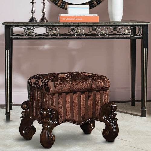 Dresden Vanity Stool | Tufted Fabric | Scrolled Legs | Cherry Oak Brown