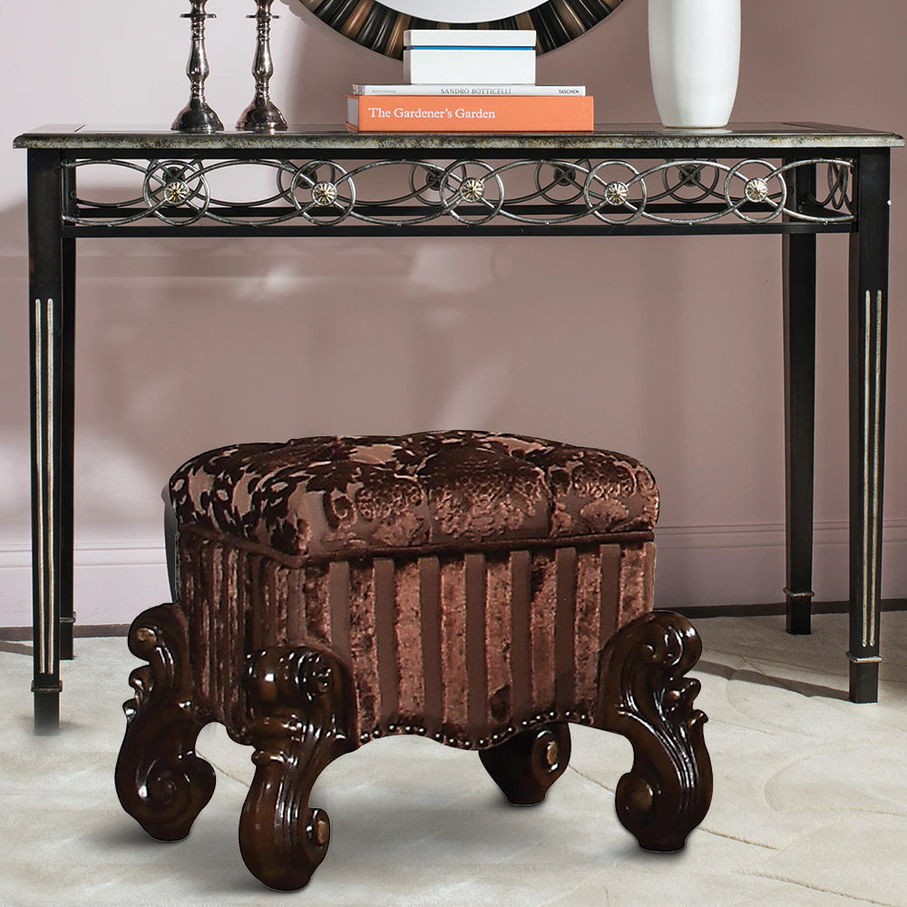 Dresden Vanity Stool | Tufted Fabric | Scrolled Legs | Cherry Oak Brown