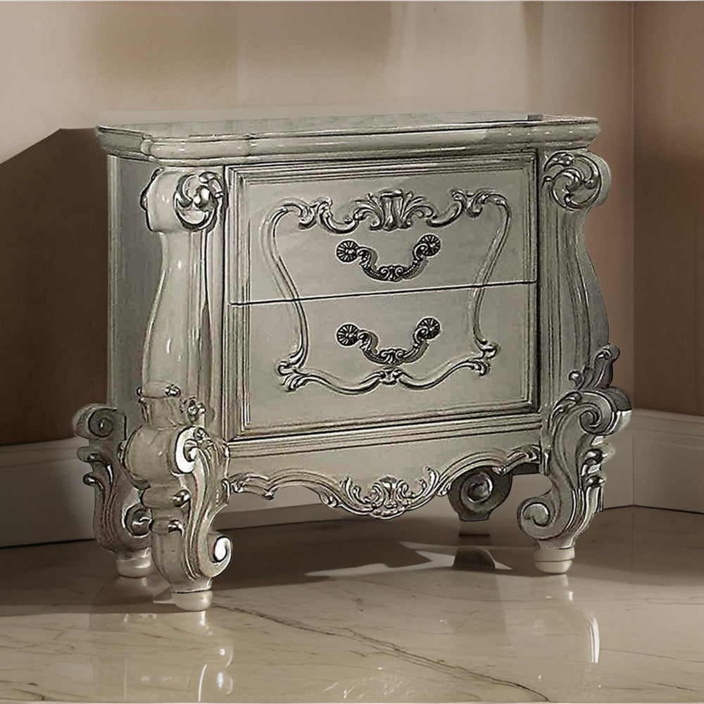 Two Drawers Wooden Nightstand with Carved Details Bone White AMF-21133