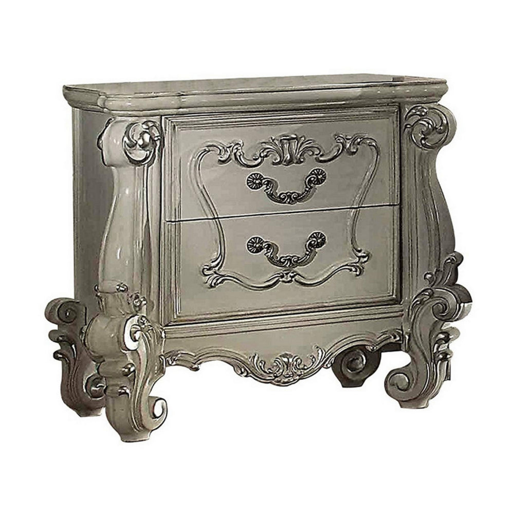 Two Drawers Wooden Nightstand with Carved Details Bone White AMF-21133
