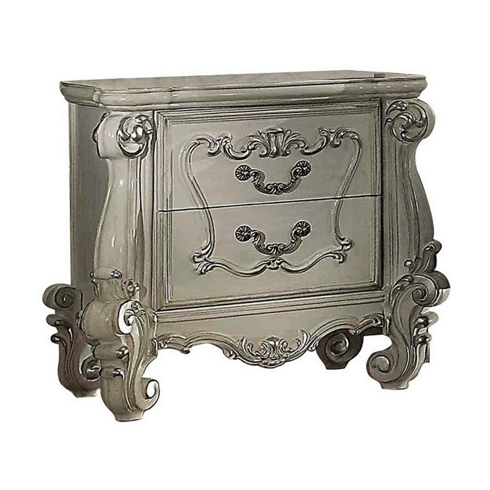 Two Drawers Wooden Nightstand with Carved Details, Bone White