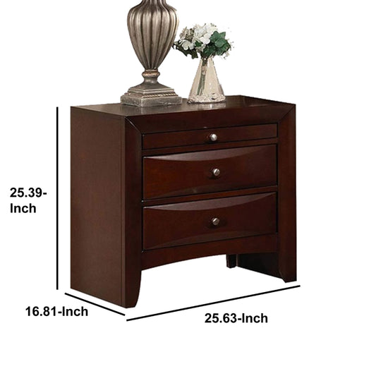 Contemporary Style Wooden Nightstand with Three Drawers and Metal Knobs, Brown - 21453