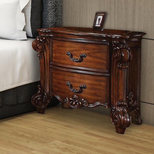 Traditional Style Wooden Nightstand with Two Drawers, Cherry Brown