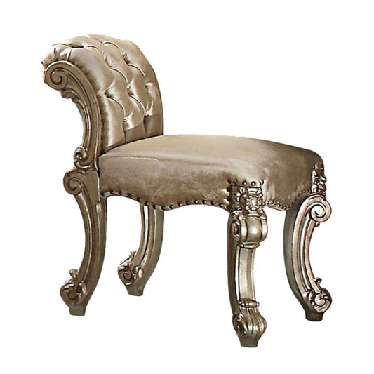 Fabric Upholstered Wooden Vanity Stool with Tufted Back, Gold & Bone White