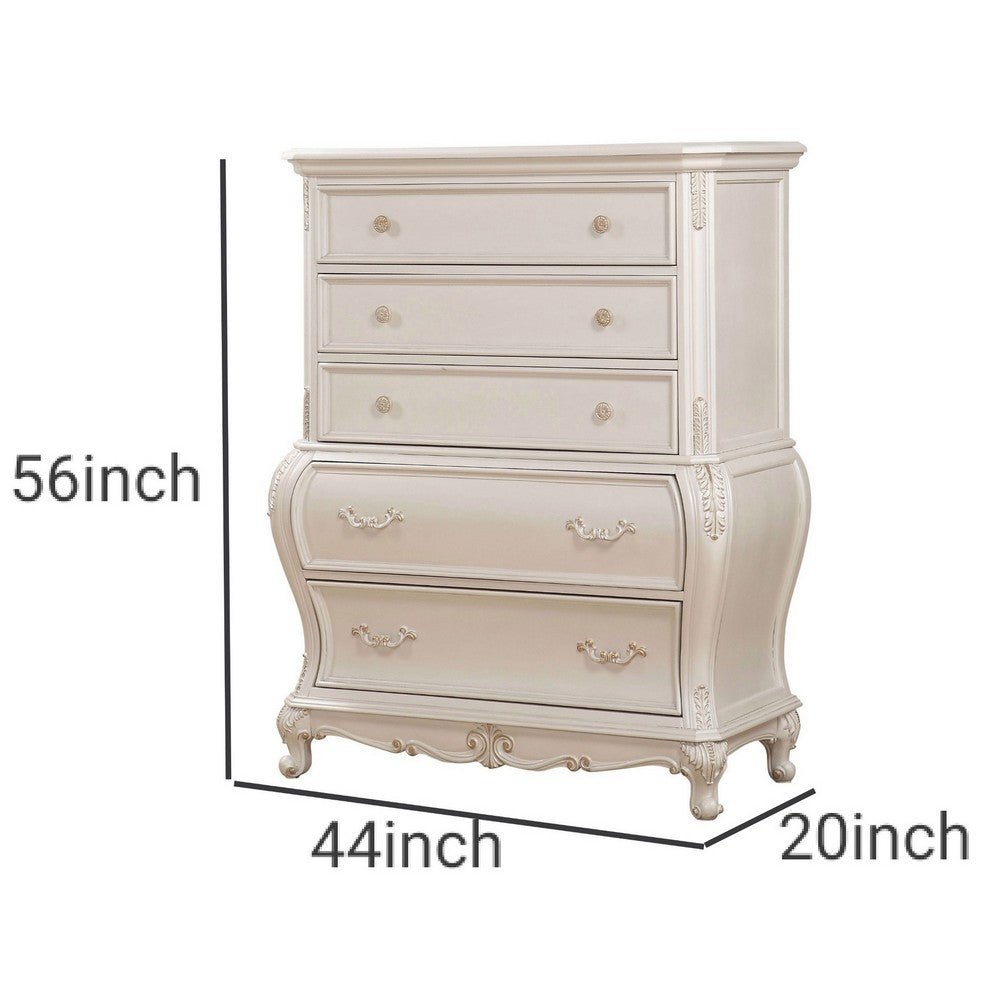 Wooden Drawer Chest with Five Drawers, Pearl White