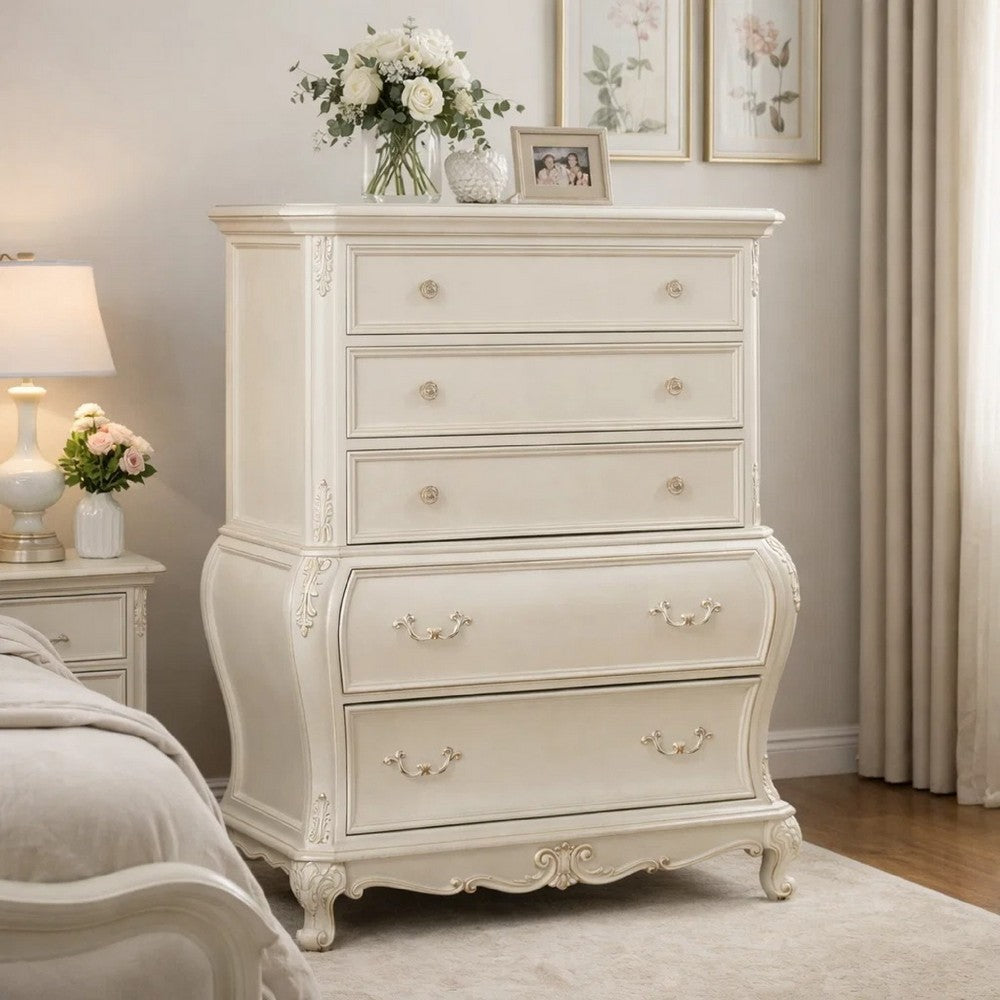 Wooden Drawer Chest with Five Drawers, Pearl White