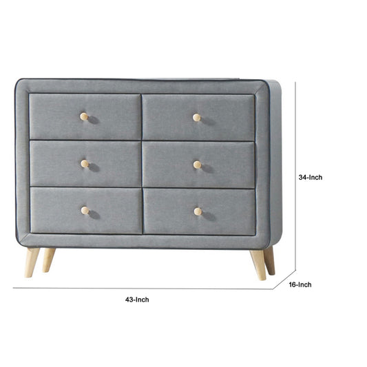 Transitional Style Wood and Fabric Upholstery Dresser with 6 Drawers, Gray