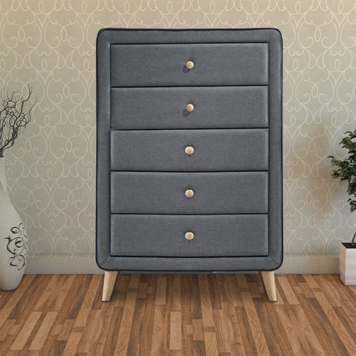 Naima Chest | 5 Drawers | Gray Wood | Fabric Upholstery