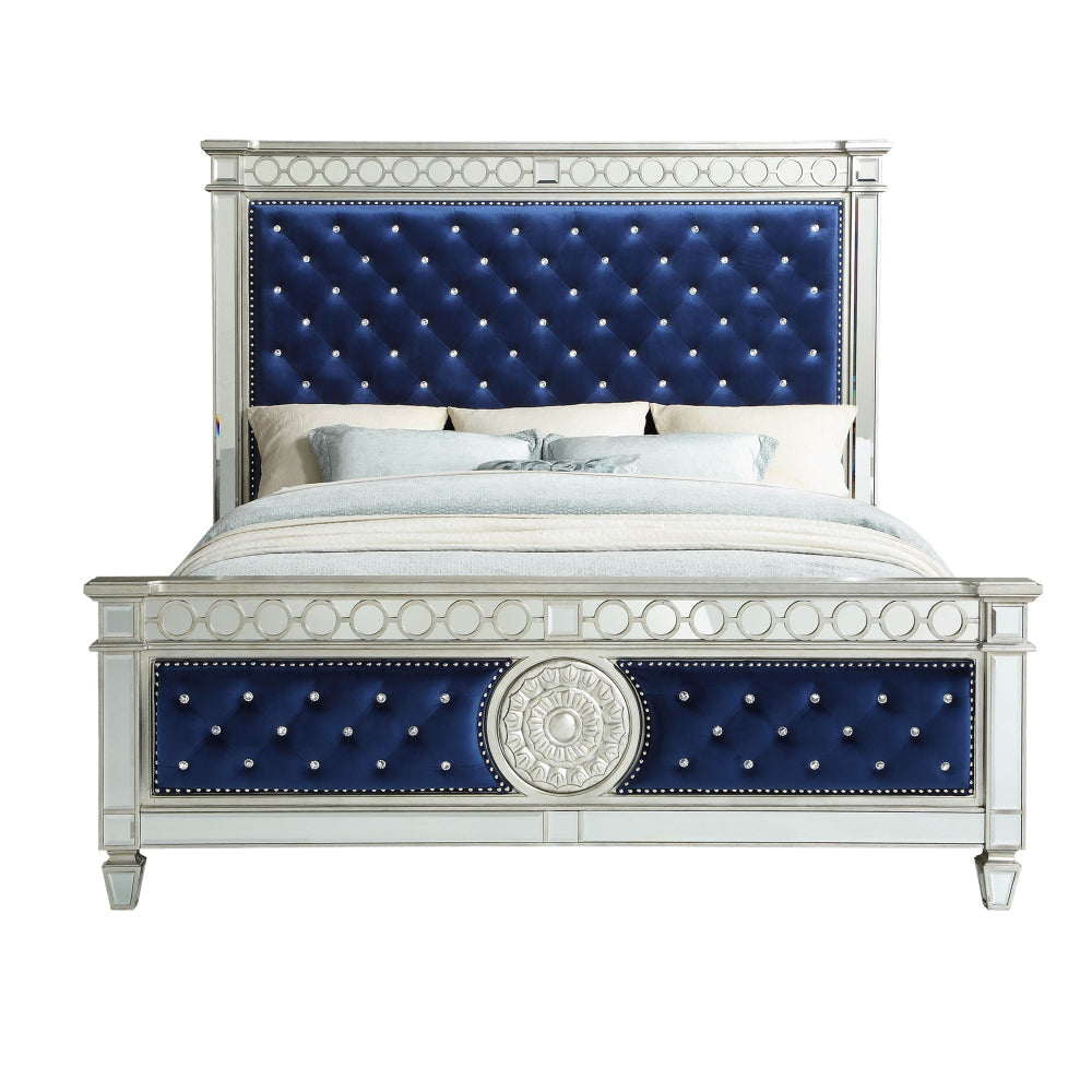 Wooden Queen Size Bed with Button Tufted Headboard and Mirror Finish Accents Blue and Silver AMF-26150Q
