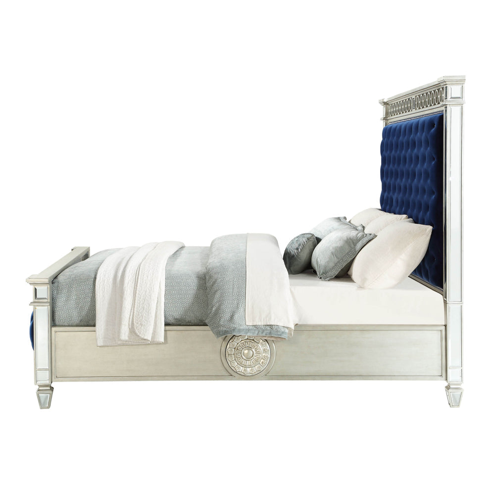 Wooden Queen Size Bed with Button Tufted Headboard and Mirror Finish Accents Blue and Silver AMF-26150Q