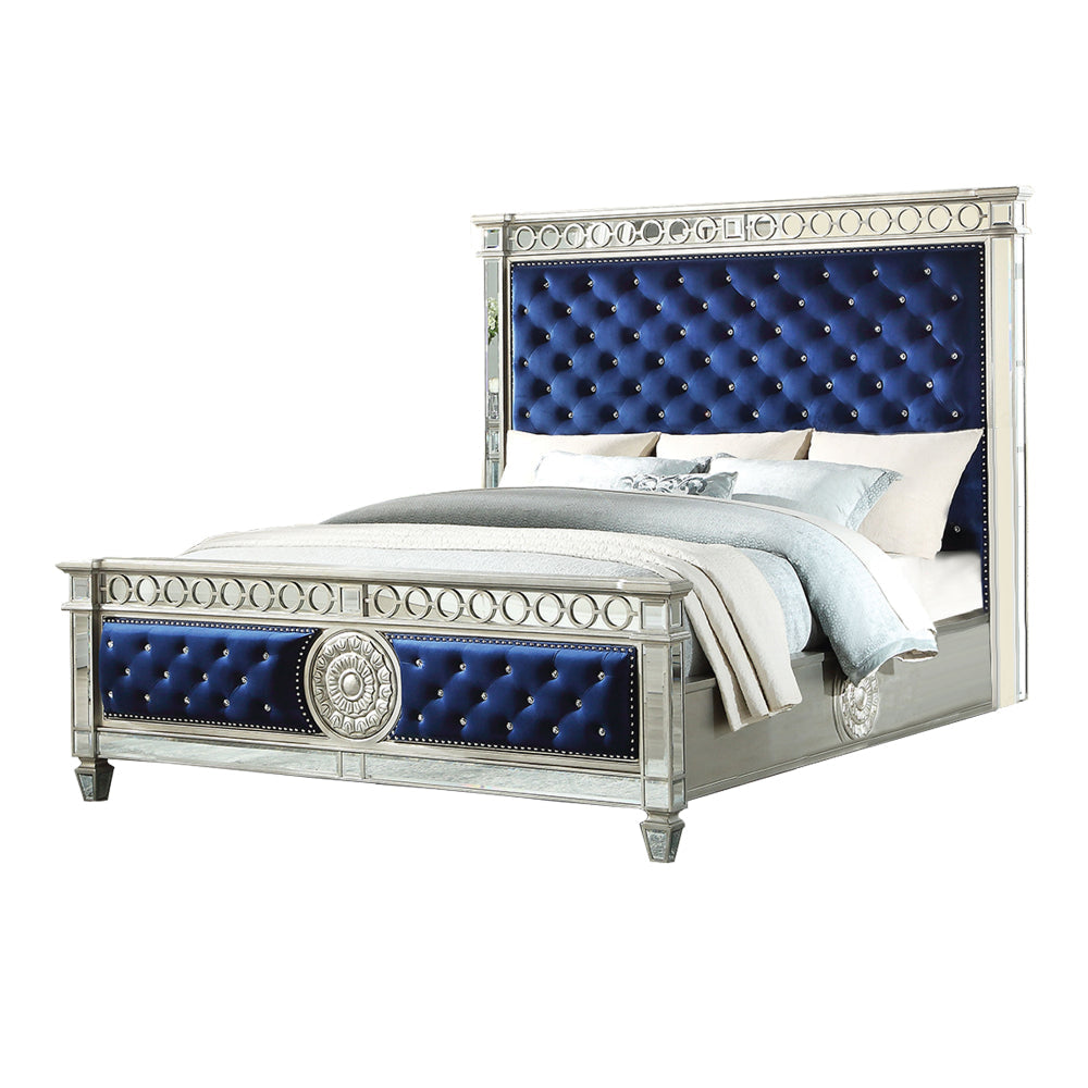Wooden Queen Size Bed with Button Tufted Headboard and Mirror Finish Accents Blue and Silver AMF-26150Q