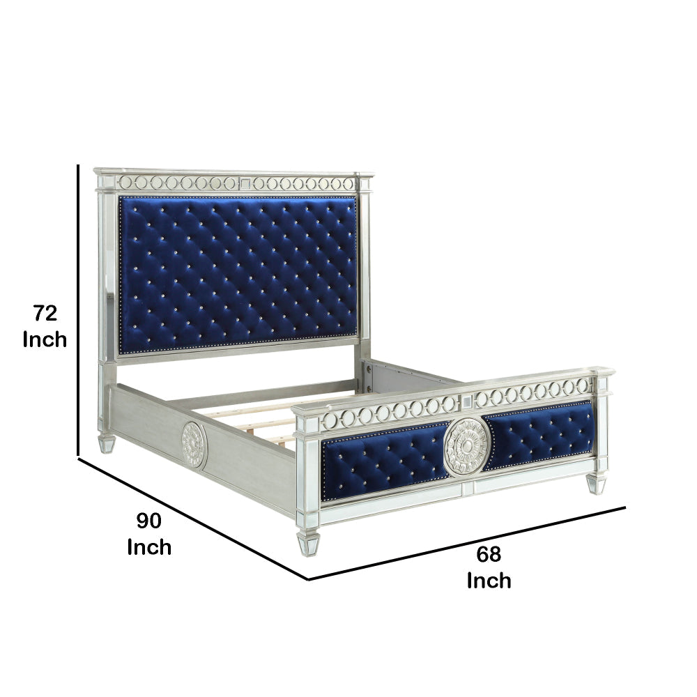 Wooden Queen Size Bed with Button Tufted Headboard and Mirror Finish Accents Blue and Silver AMF-26150Q