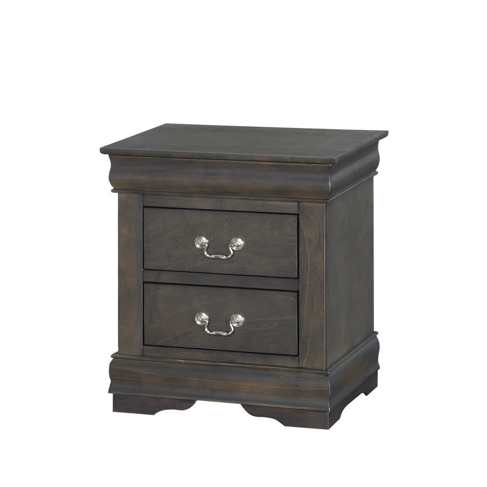 Traditional Style Wooden Nightstand with Two Drawers and Metal Handles Dark Gray AMF-26793