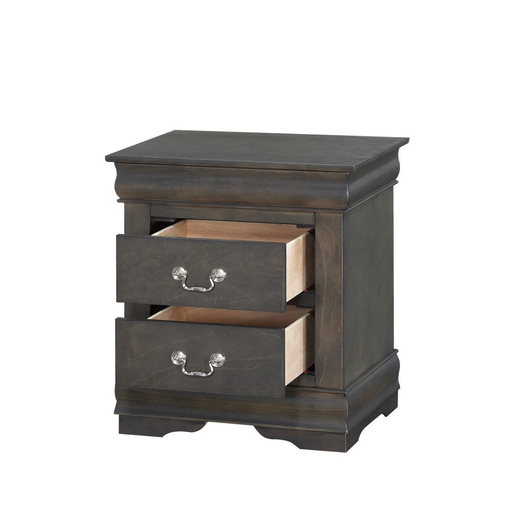 Traditional Style Wooden Nightstand with Two Drawers and Metal Handles Dark Gray AMF-26793