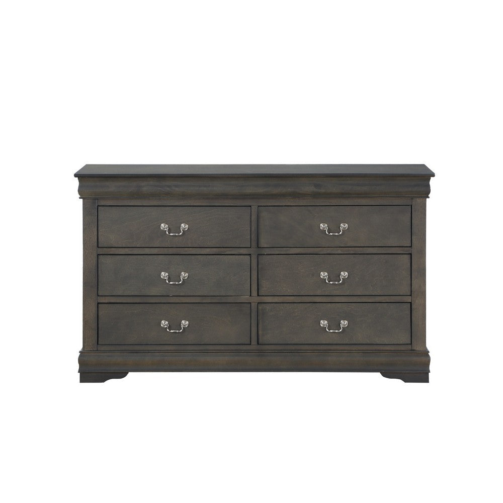Six Drawers Wooden Dresser with Metal Handles and Bracket Base Dark Gray AMF-26795