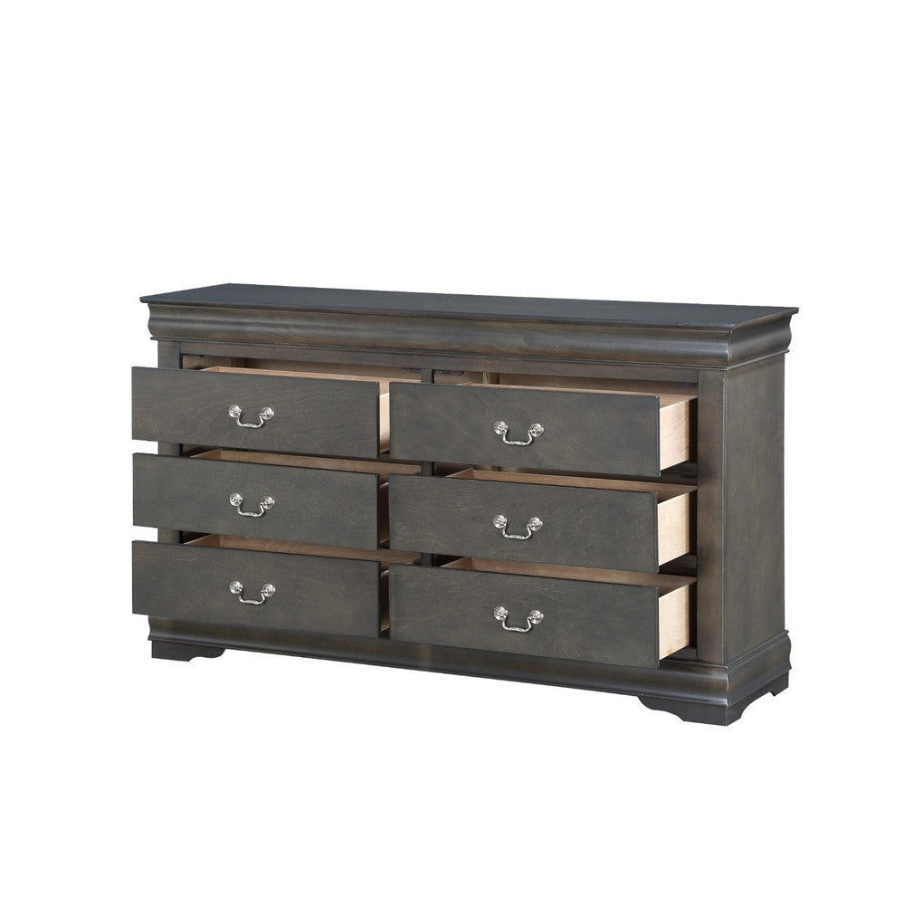 Six Drawers Wooden Dresser with Metal Handles and Bracket Base Dark Gray AMF-26795