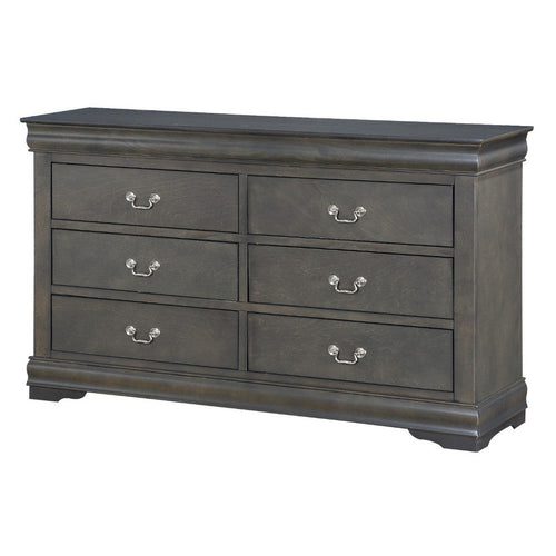 Six Drawers Wooden Dresser with Metal Handles and Bracket Base, Dark Gray