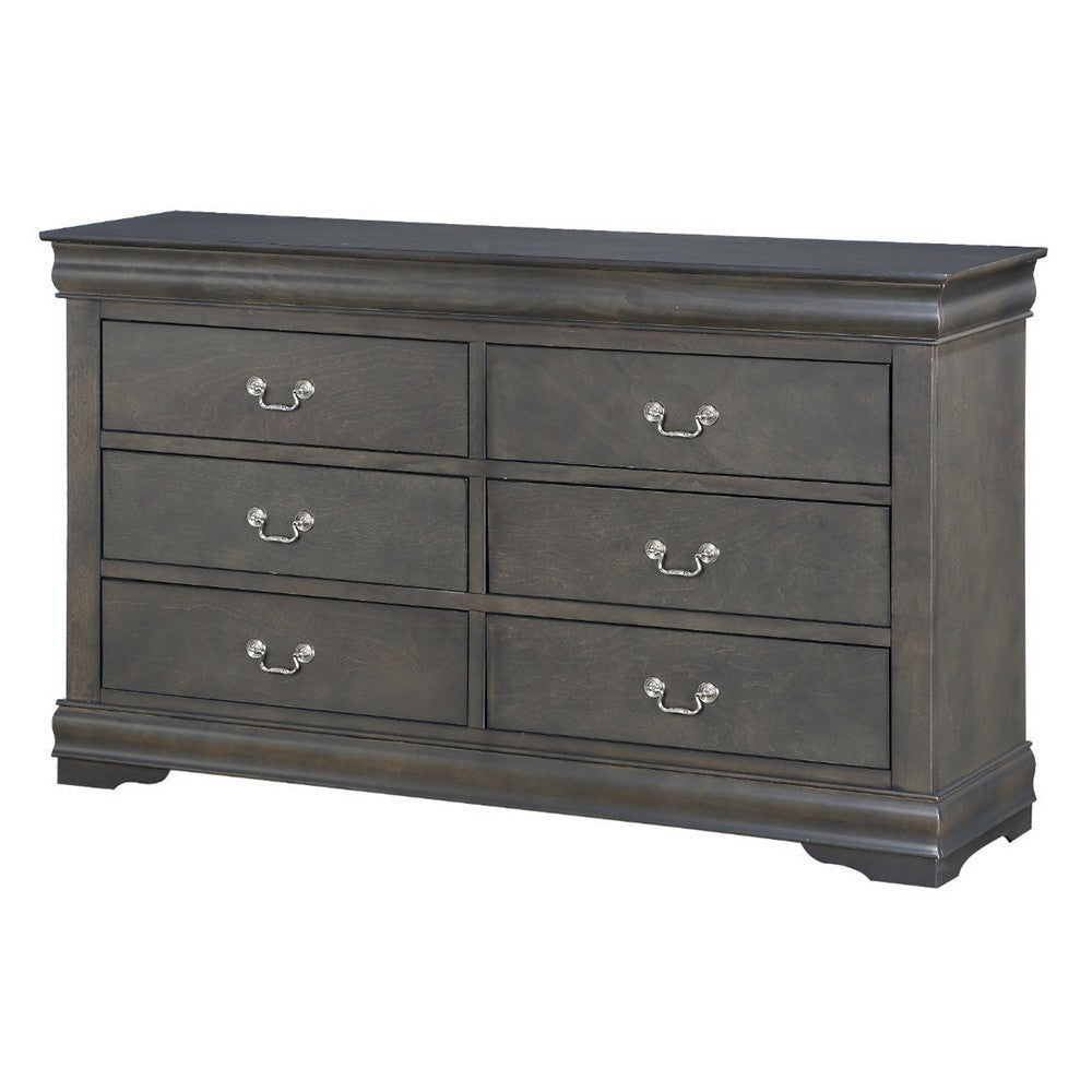 Six Drawers Wooden Dresser with Metal Handles and Bracket Base, Dark Gray