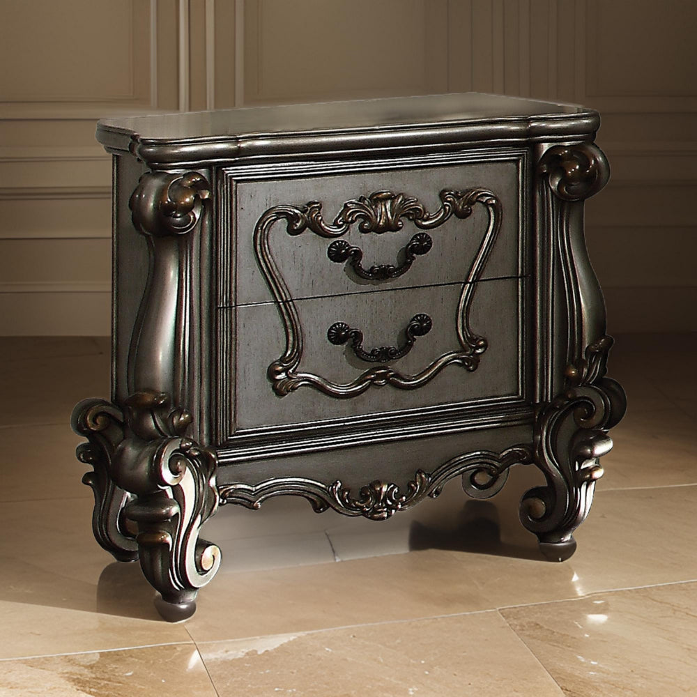Antique Platinum Nightstand | 2 Drawers | Oversized Scrolled Legs