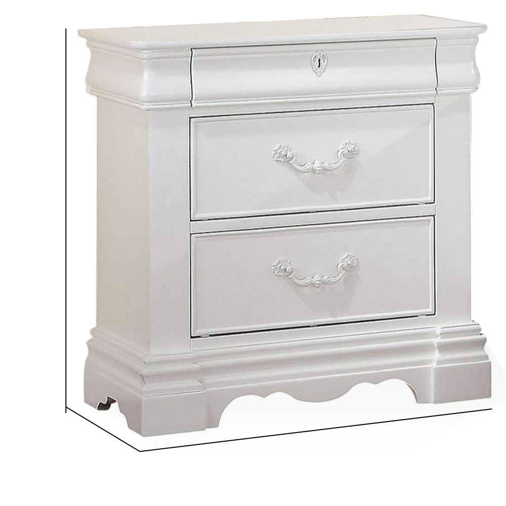 2 Drawer Wooden Nightstand with Hanging Pulls and Bracket Feet, White