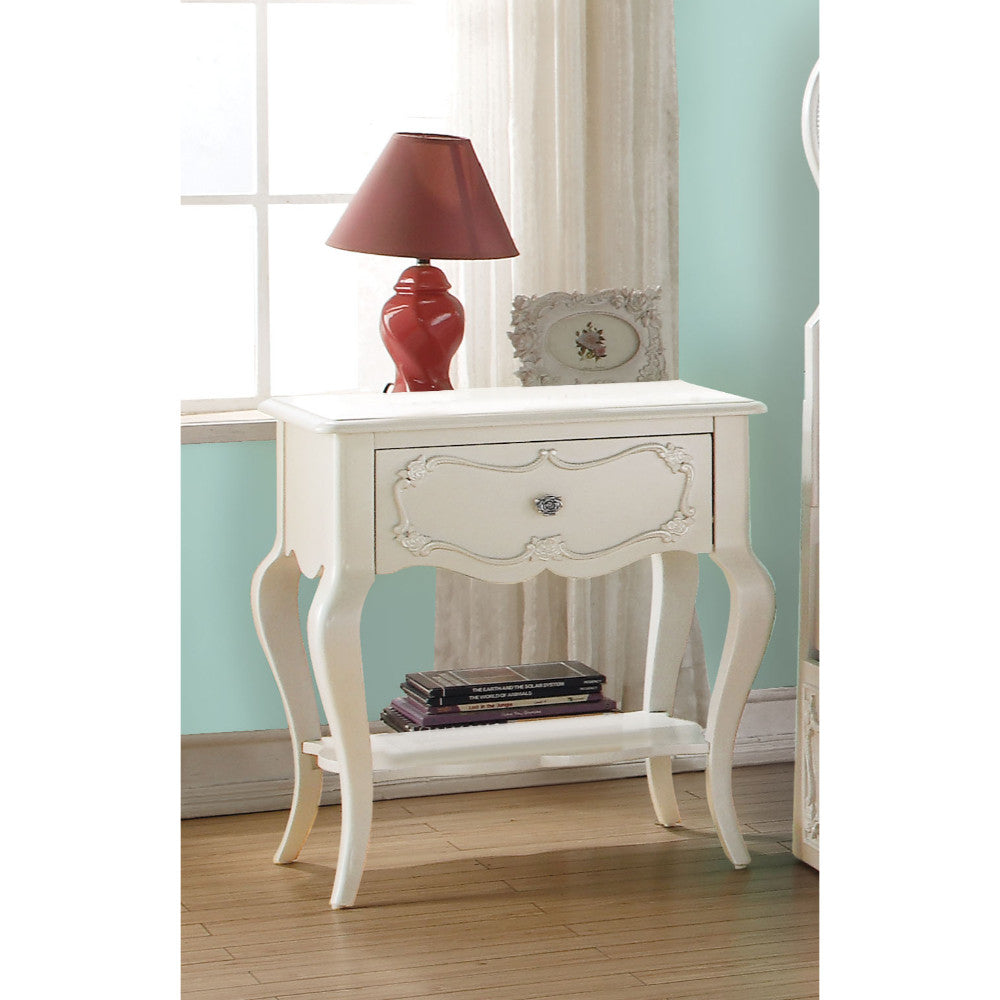 Wooden Nightstand with 1 Drawer and Open Bottom Shelf, White