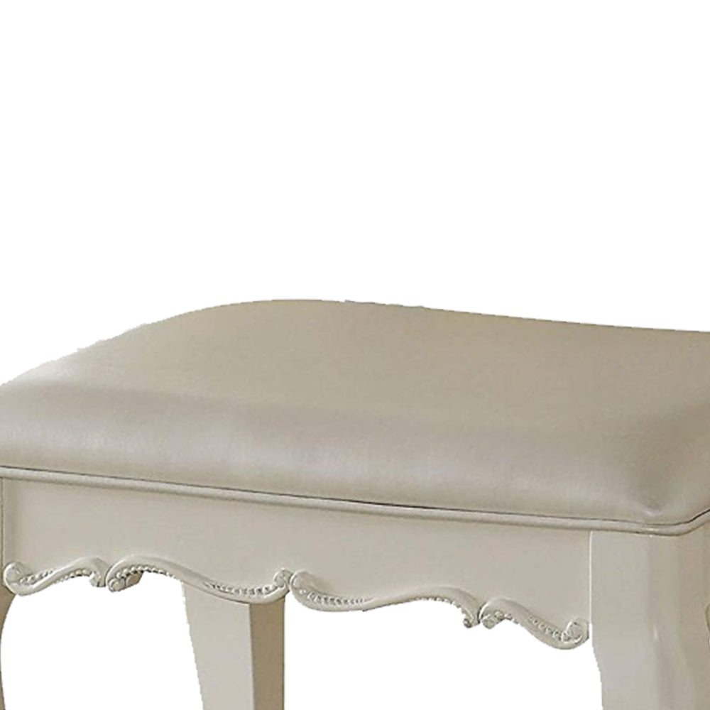 Traditional Style Wood and Leatherette Vanity Stool with Padded Seat, White