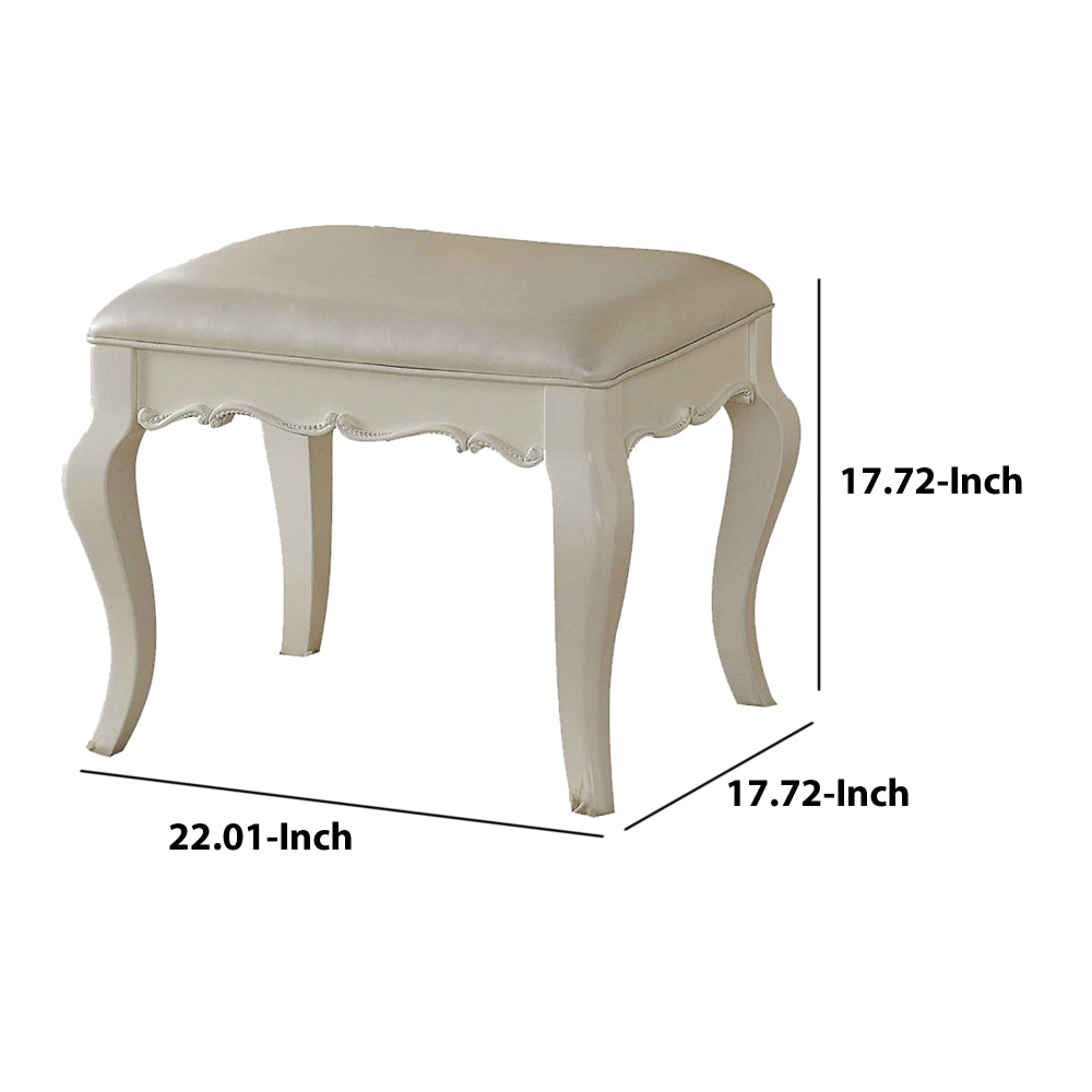 Traditional Style Wood and Leatherette Vanity Stool with Padded Seat, White