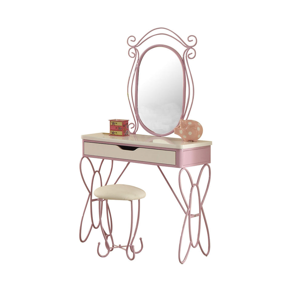 Contemporary Style Metal and Wood Vanity Set, White and Purple