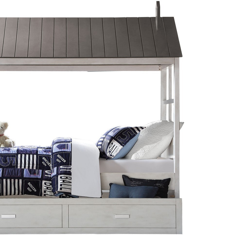Tree House Design Wooden Twin Size Bed with Trundle White and Gray AMF-37170T