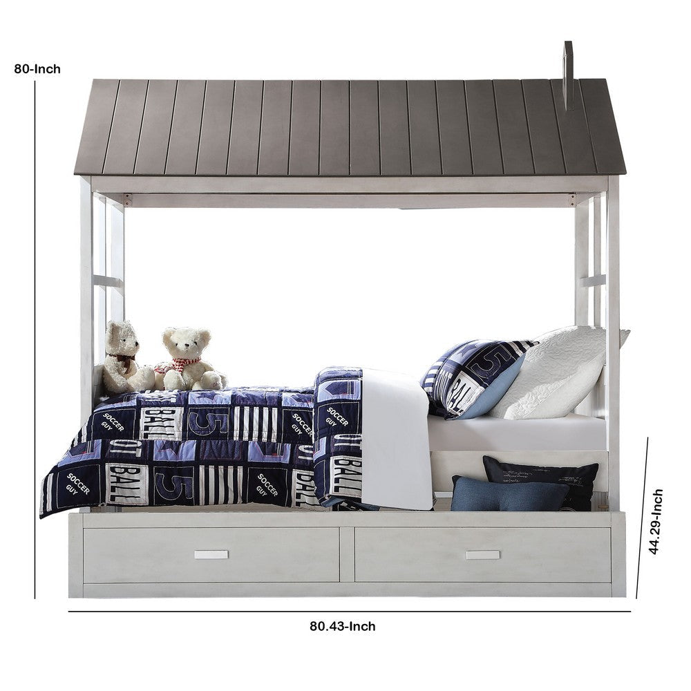Tree House Design Wooden Twin Size Bed with Trundle White and Gray AMF-37170T